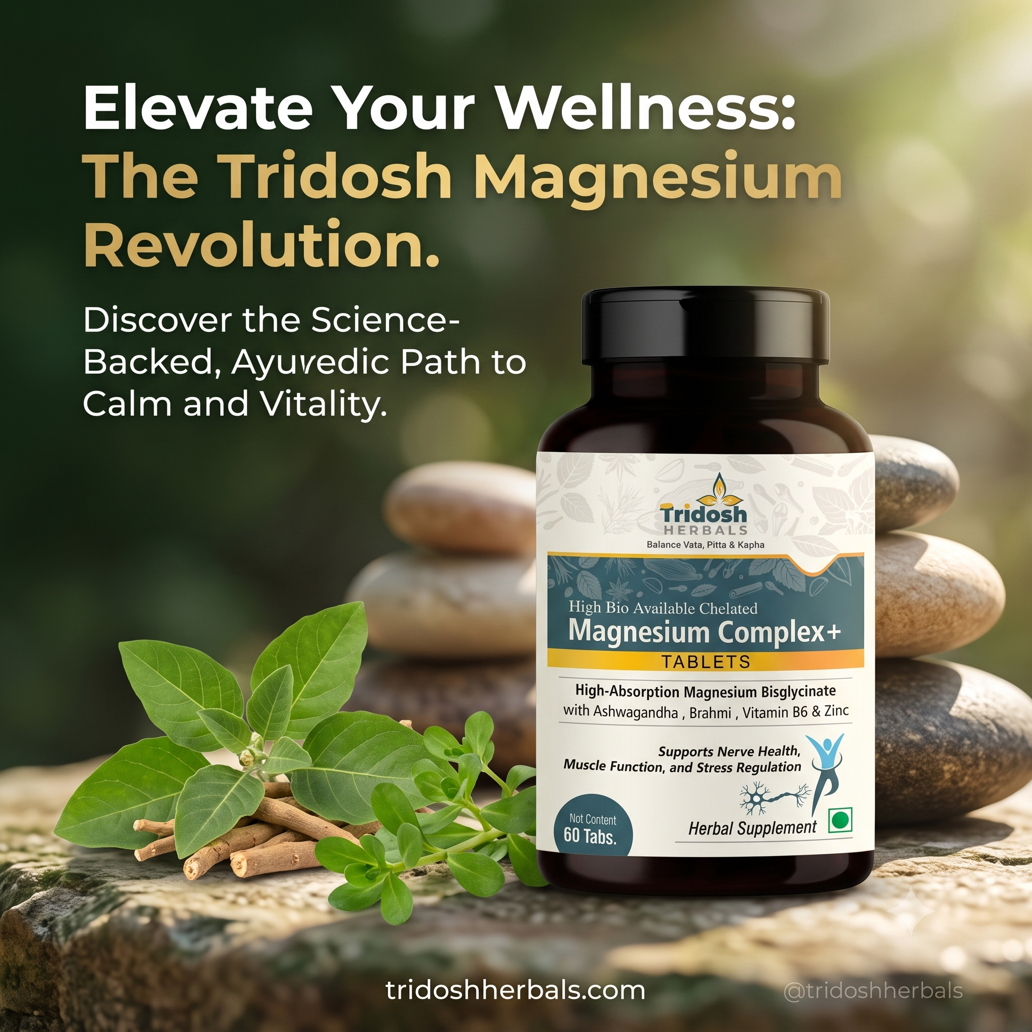 Text: When uploading the product image, use the Alt Text: "Tridosh Herbals Magnesium Complex+ supplement for stress relief and muscle recovery.