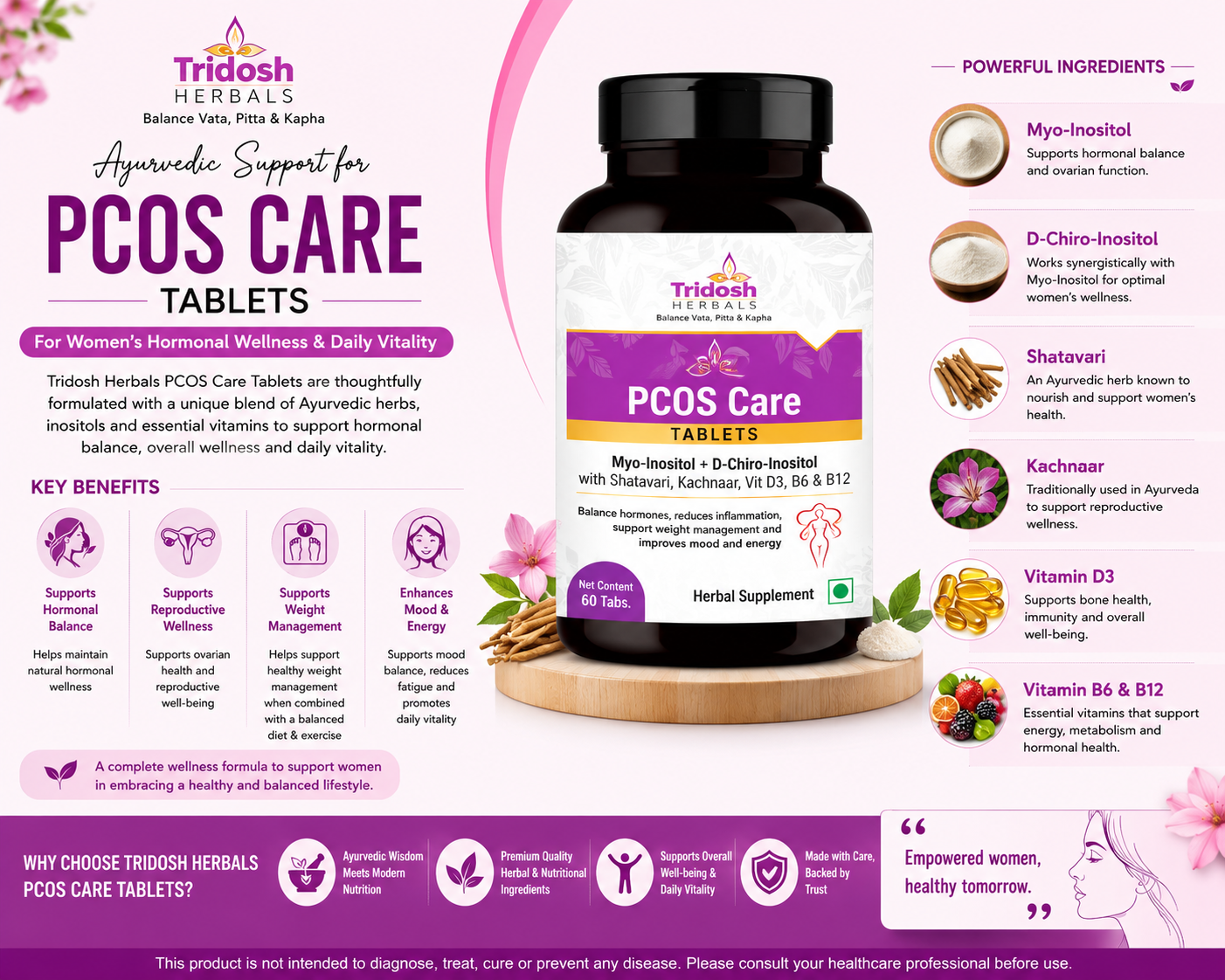 ridosh Herbals PCOS Care Tablets with Myo-Inositol, D-Chiro-Inositol, Shatavari, Kachnaar, Vitamin D3, B6 and B12 for women's wellness support