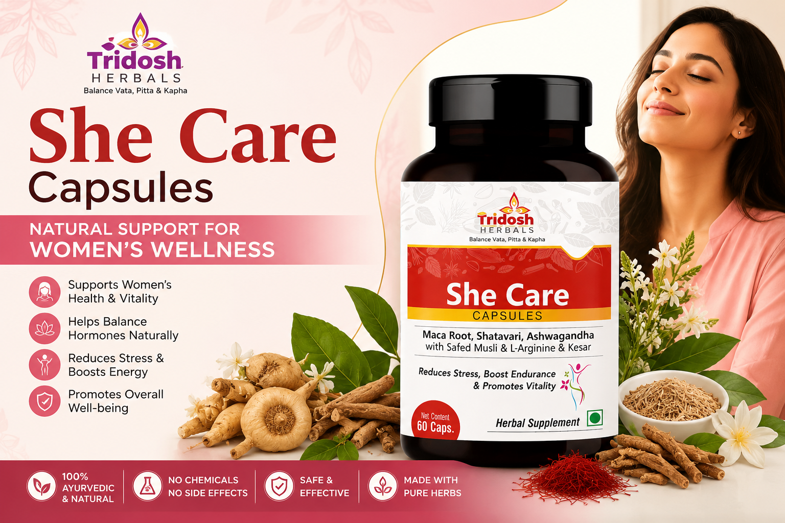 Ayurvedic women wellness support with Tridosh Herbals She Care Capsules featuring Shatavari, Ashwagandha, Maca Root, Safed Musli, and Kesar