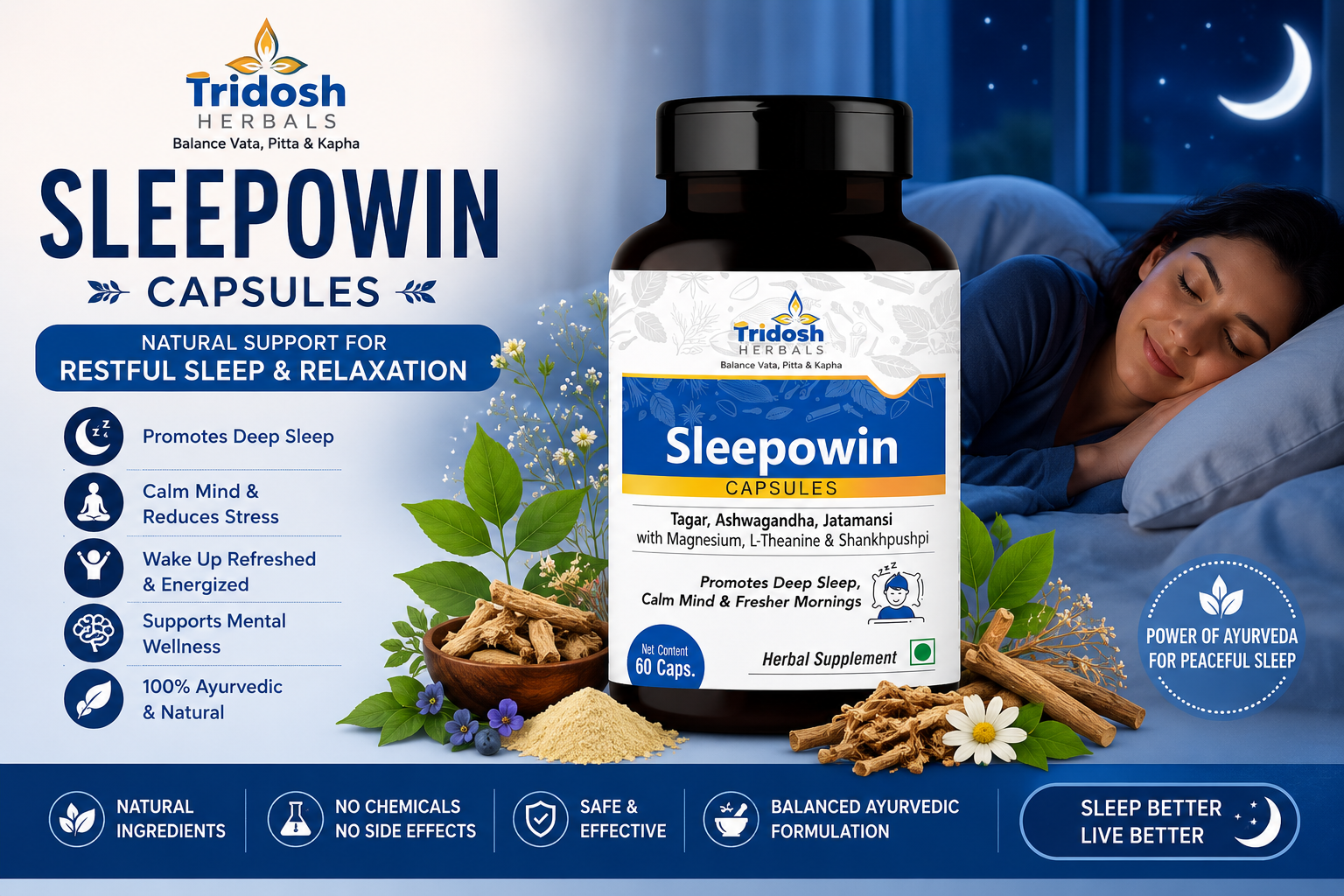 Tridosh Herbals Sleepowin Capsules with Tagar, Ashwagandha, Jatamansi, Magnesium, L-Theanine and Shankhpushpi for relaxation, sleep wellness and daily balance