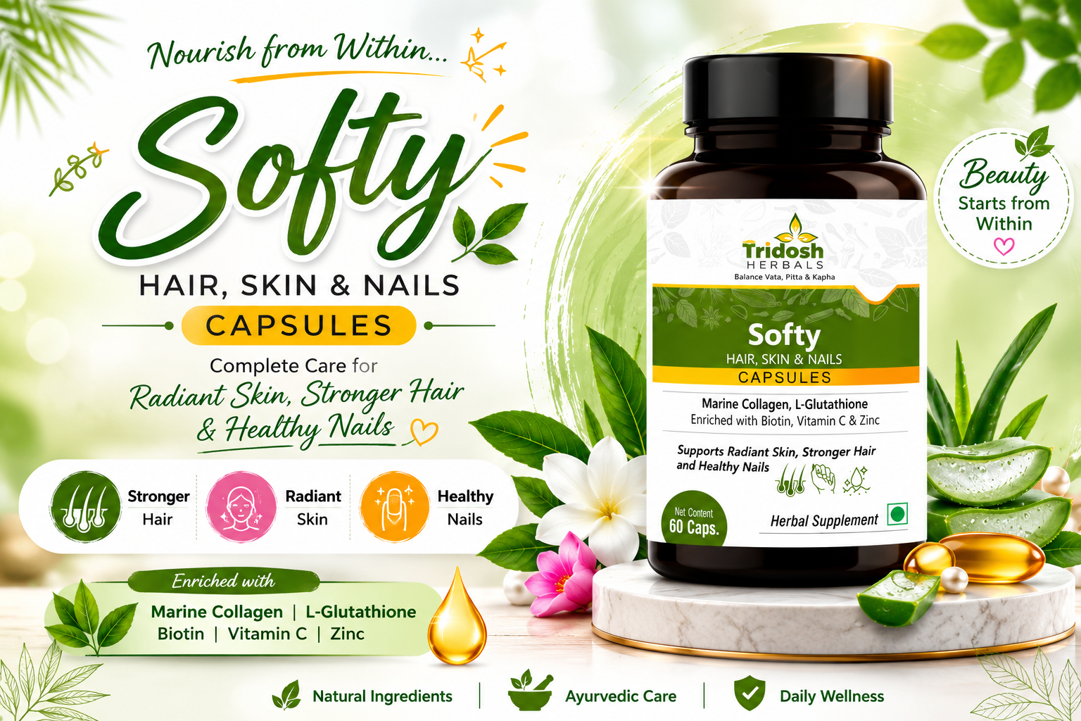 Tridosh Herbals Softy Capsules for healthy hair, glowing skin and strong nails with Marine Collagen, Biotin, Vitamin C and Zinc.