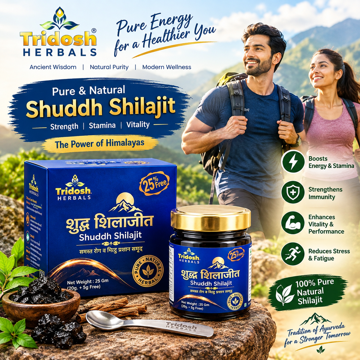 Tridosh Herbals Shuddh Shilajit + Dhatupaushtik Churna Combo | 25g Shilajit + Herbal Churna