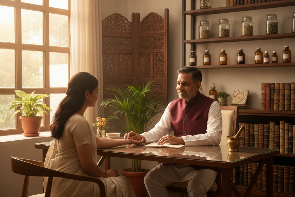 indian ayurveda doctor consulting patient